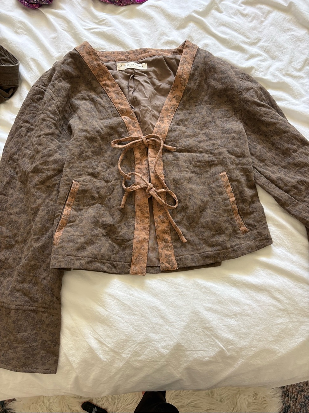 Soft Brown Linen-Blend Tie-Front Top by Stich and Feather